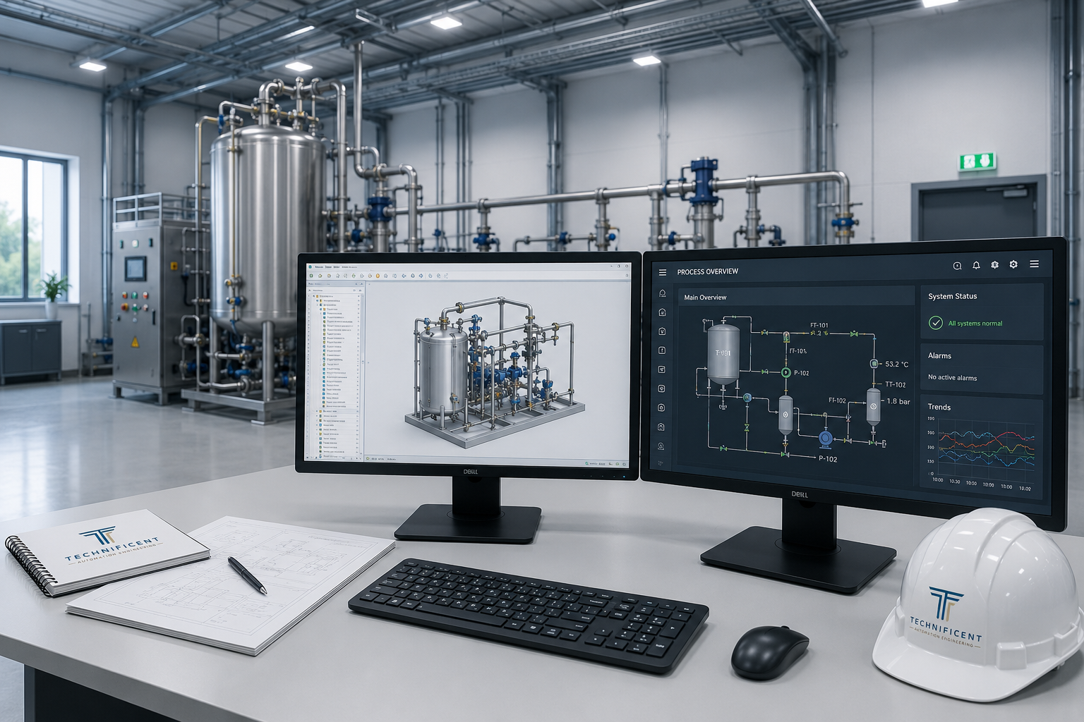 Technificent werkplek met TIA Portal en dashboard
